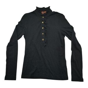 Tory Burch Black Ruffle Slim Fit Top Blouse Puff Sleeve Stand Collar Womens M